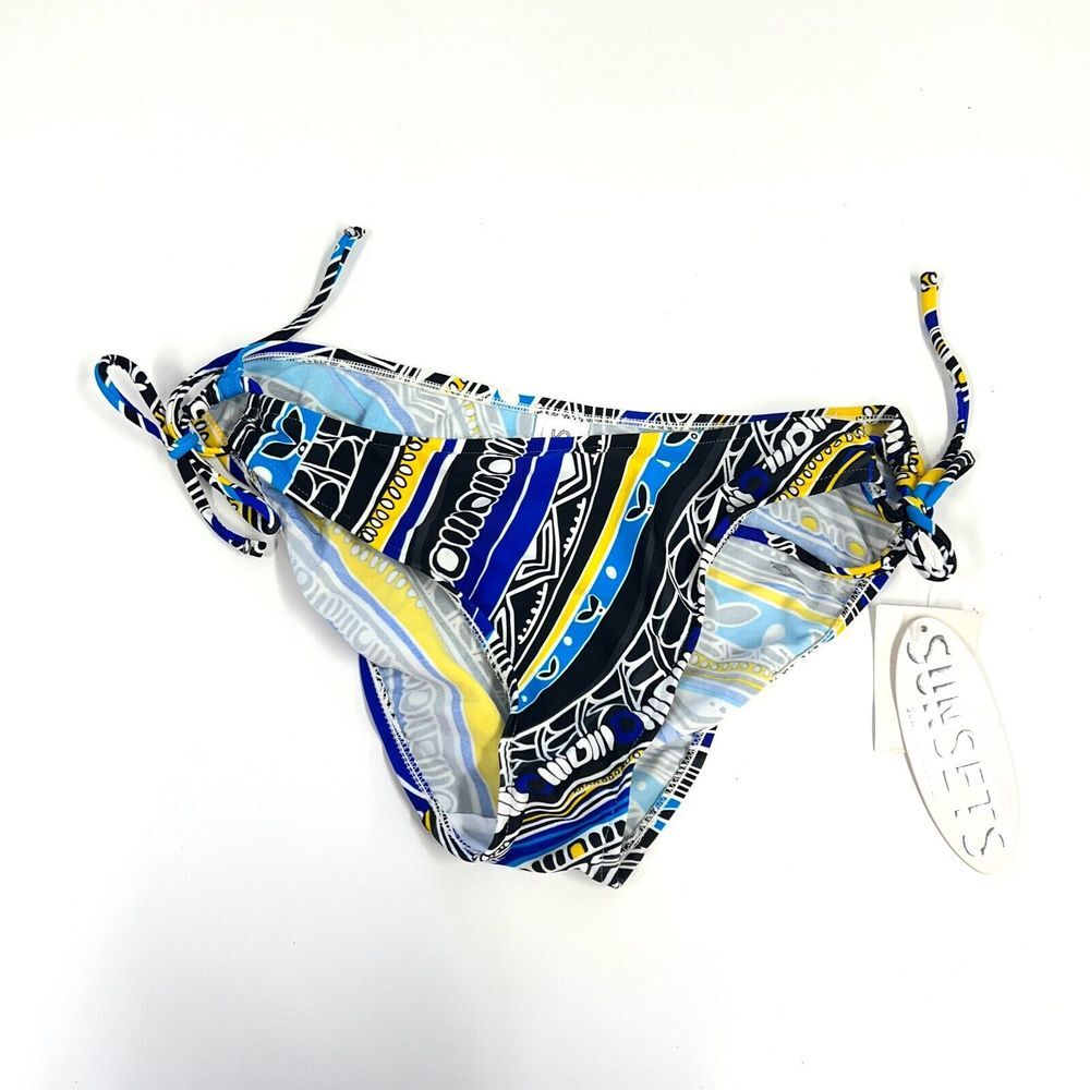SUNSETS Bikini Bottoms Size S Swimwear Tie Blue Black Yellow Print